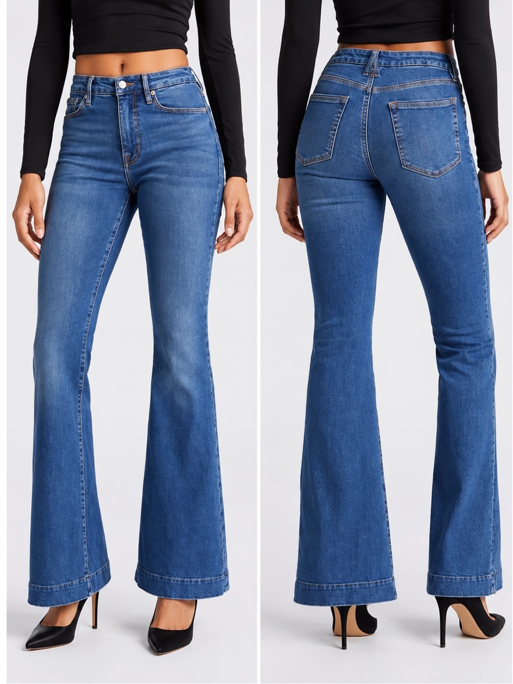 GOOD AMERICAN GOOD LEGS HI-RISE V BACK FLARE JEANS. BLUE 843. SIZE 0/25